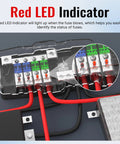 Beefy Heavy Duty Fused Power Distribution Block For Car Audio And Marine Systems 4 Way MIDI Fuse Block With 12V 0 To 4 Gauge Ground Dual Positive And Ground Poles Supports Mini ANL Fuses For Auto UTV Boat Stereo Amps, clear cover with LED indicator