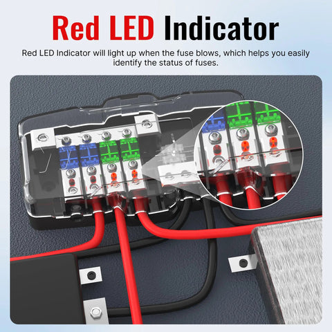 Beefy Heavy Duty Fused Power Distribution Block For Car Audio And Marine Systems 4 Way MIDI Fuse Block With 12V 0 To 4 Gauge Ground Dual Positive And Ground Poles Supports Mini ANL Fuses For Auto UTV Boat Stereo Amps, clear cover with LED indicator