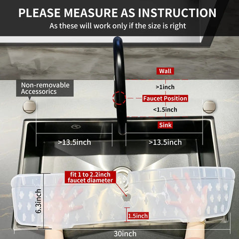 Instructional image showing XXL 30 Inch Silicone Faucet Mat Splash Guard Drip Catcher Tray With Self Draining Slopes placement