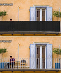 Comparison of a balcony with and without Black Balcony Privacy Screen Windscreen Shade Netting 3x10 Feet With Grommets UV Protection 95 Percent