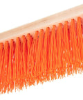 Heavy Duty 16 Inch Hardwood Street Sweep Head With Orange Polypropylene Bristles, top view with bristles clearly visible.
