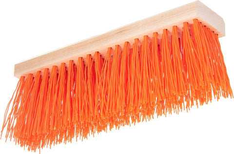 Heavy Duty 16 Inch Hardwood Street Sweep Head With Orange Polypropylene Bristles, top view with bristles clearly visible.