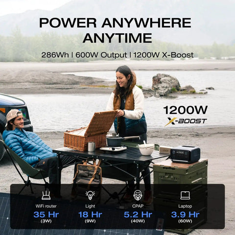 People using RIVER 3 Plus Portable Power Station With 286Wh LiFePO4 Battery for camping with table setup outdoors