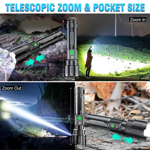 Rechargeable 2000 Lumens LED Flashlight With Long Beam Power Display IPX5 Waterproof 20 Hour Runtime 5 Modes Zoomable Handheld