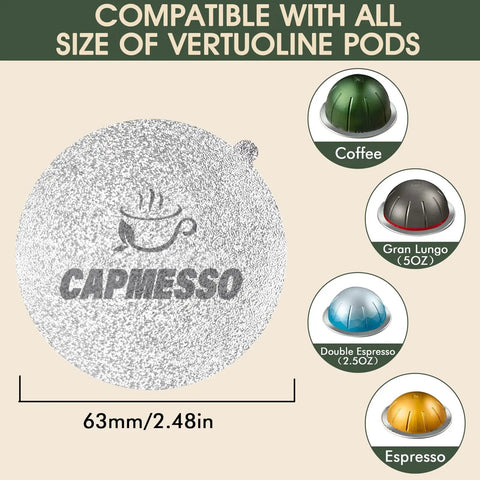 Aluminum Foil Lids For Reusable Nespresso Vertuoline Pods, Sticker Seals For A Quick No Fuss Seal That Fits All Pod Sizes, Works With Vertuoline GCA1, VertuoPlus, And Vertuoline Next, 120 Pack displayed with pod compatibility sizes.