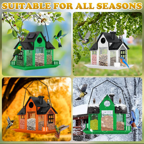 Outdoor Solar Powered Bird Feeder For Cardinals Large White Hanging Metal Wild Bird Feeder With Squirrel Proof Design shown in different seasons