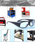 CO2 Laser Safety Goggles 10.6 Micron Reflective Eyewear With OD6 Plus Protection, displayed with various laser cutting equipment.
