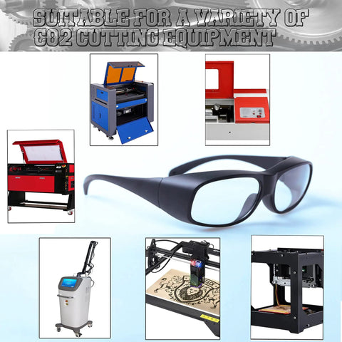CO2 Laser Safety Goggles 10.6 Micron Reflective Eyewear With OD6 Plus Protection, displayed with various laser cutting equipment.