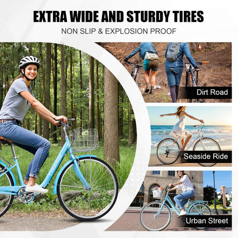 Foldable Cruiser Bike 26 Inch 7 Speed for Adults Men and Women, Lightweight Aluminum Frame, shown with extra wide tires in various terrains