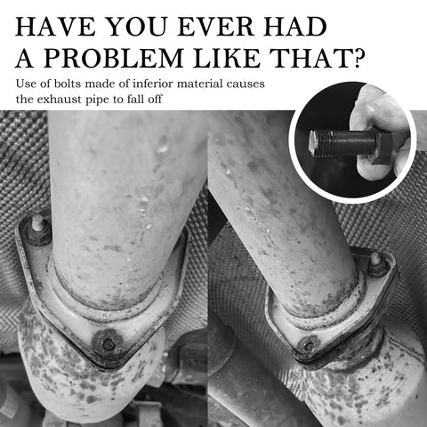 Image of corroded exhaust pipe with inferior bolts and inset of worn bolt in hand, emphasizing need for Heavy Duty Exhaust Manifold Bolts Kit