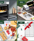 Quarter Sheet Pan With Cooling Rack Set used in kitchen, BBQ, picnic setups; gift-wrapped with red ribbon; versatile baking sheets shown.
