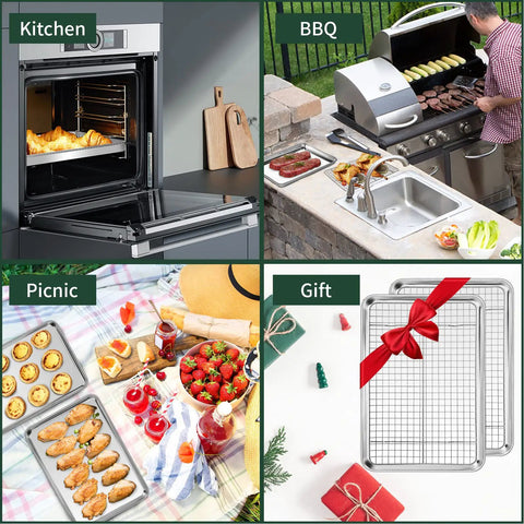 Quarter Sheet Pan With Cooling Rack Set used in kitchen, BBQ, picnic setups; gift-wrapped with red ribbon; versatile baking sheets shown.