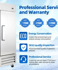 Rock Solid Stainless Steel Two Door Commercial Freezer 54 Inch Wide showing warranty details and energy conservation features.
