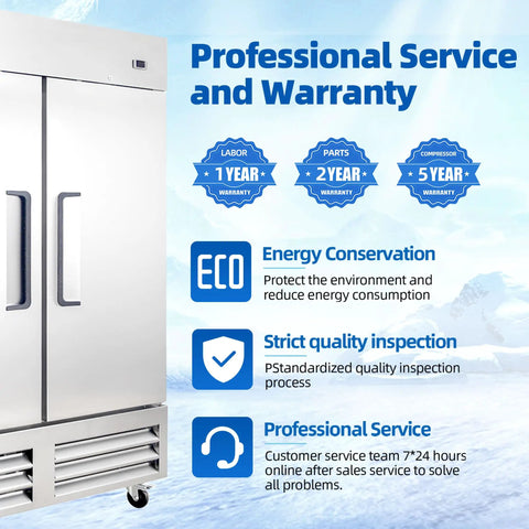 Rock Solid Stainless Steel Two Door Commercial Freezer 54 Inch Wide showing warranty details and energy conservation features.
