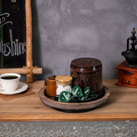 Solid Wood Lazy Susan Set Big Round Serving Tray With Hella Smooth Ball Bearing Turntable Base For Kitchen Counter And Dinner Party Centerpiece Slick Spinning Organizer Easy Setup Stand with coffee and sugar on a wooden table.