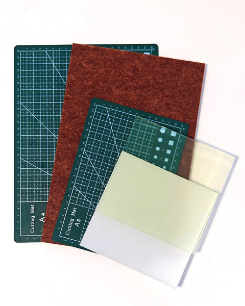 5 Piece Leather Punch Pad Set with A4 A5 Self Healing Cutting Mats 15x15cm Rubber and PP Punch Pads Brown