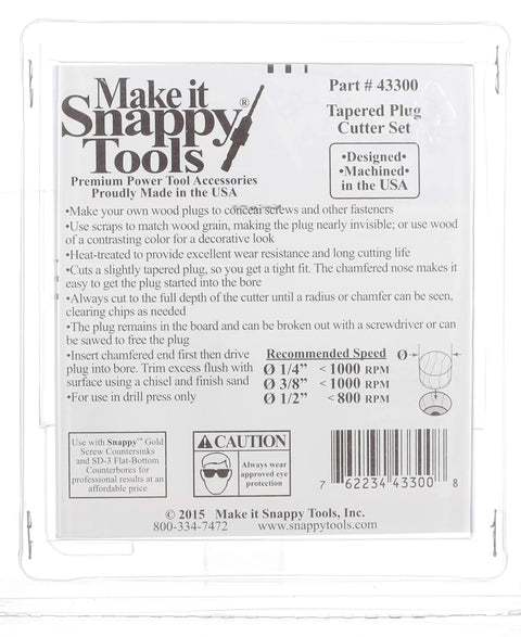 Back packaging of Snappy Three Piece Tapered Plug Cutter Set, highlighting features and recommended usage for woodworking in USA.
