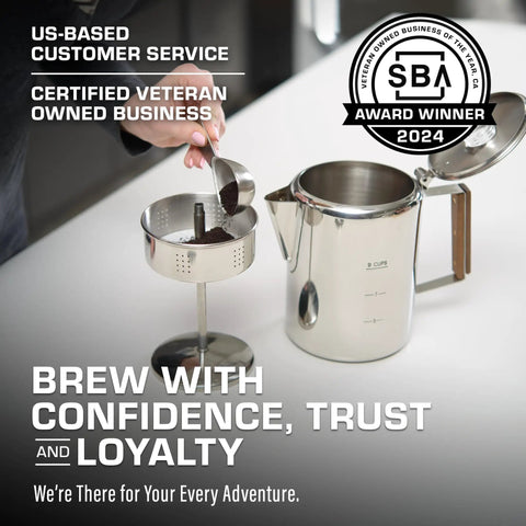 Person preparing coffee in metal percolator, focus on award-winning service logo, Premium Disc Percolator Coffee Filters For Campers.