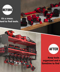 Before and after installation of Heavy Duty Cordless Drill And Battery Organizer Wall Mount With Built In Charging Station Red Metal Tool Rack For Garage Keeps All Power Tools In One Easy To Find Spot.