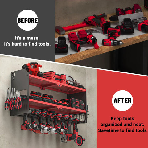 Before and after installation of Heavy Duty Cordless Drill And Battery Organizer Wall Mount With Built In Charging Station Red Metal Tool Rack For Garage Keeps All Power Tools In One Easy To Find Spot.