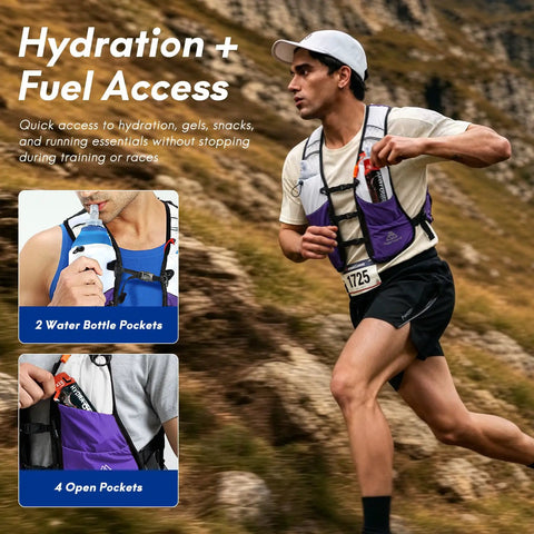 5L Trail Running Hydration Vest With Soft Flasks Including 2 X 500ml Purple Medium Lightweight Bounce Free Fit With Breathable Mesh Panels For Gnarly Long Runs And Mountain Trails worn by runner