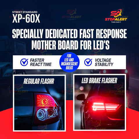 Comparison of regular flash and LED brake flasher for XP-60X showing faster react time and voltage stability for LED brake lights