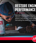 Mechanic using Motor Treatment With Fuel System Cleaner Stabilizer And Oil Treatment For Gas And Diesel Engines Restores Power