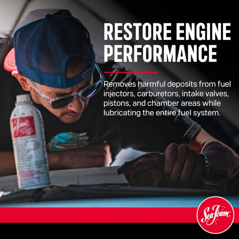 Mechanic using Motor Treatment With Fuel System Cleaner Stabilizer And Oil Treatment For Gas And Diesel Engines Restores Power