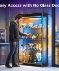 Man accessing collectibles in a Four Tier Freestanding Glass Display Cabinet With Smart RGB LED Lighting And Handy App Control.