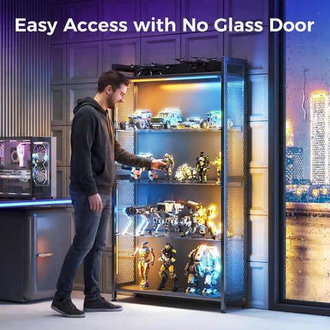 Man accessing collectibles in a Four Tier Freestanding Glass Display Cabinet With Smart RGB LED Lighting And Handy App Control.