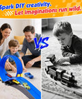Family playing with 16 Foot Flexible Race Track Set For Kids With Roll Up DIY Lanes, Dual Track, 2 Launchers, 6 Mini Cars