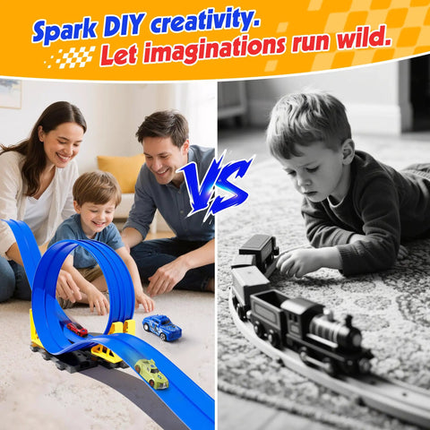 Family playing with 16 Foot Flexible Race Track Set For Kids With Roll Up DIY Lanes, Dual Track, 2 Launchers, 6 Mini Cars