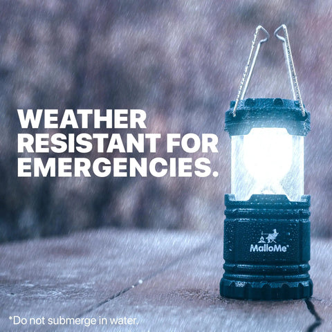 4 Pack Multicolor Camping Lanterns, Ultra Bright LED Tent Lights for Power Outages, shown weather resistant in rain.
