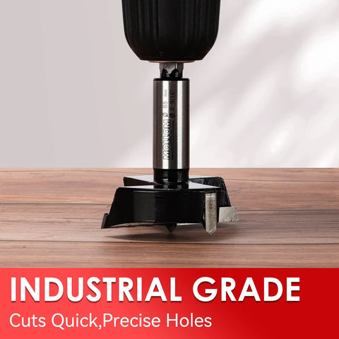 Heavy Duty Carbide Tipped Forstner Drill Bit Set Packs Sixteen Badass Sizes Spanning Quarter To Two One Eighth Inches Delivers Slick Clean Cuts And Solid Flat Bottom Holes To Handle Gnarly Woodworking Tasks For Sharp Woodshop Projects Today, showing an industrial grade Forstner bit.