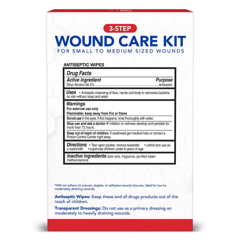 Front view of All Health Wound Care Kit box, 40-piece first aid kit for small to medium wounds, white with blue text