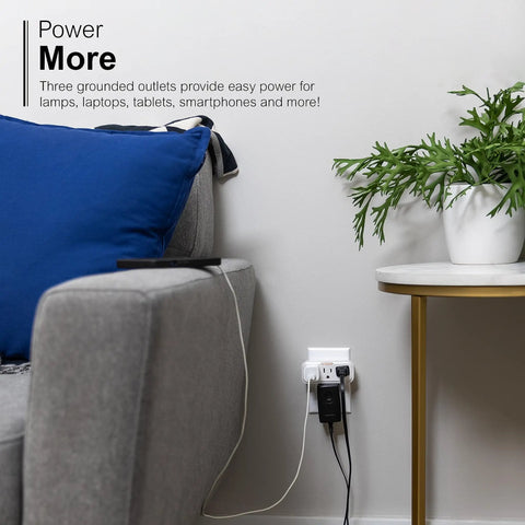 3 Outlet Wall Tap With Guide Light For Expanded Power 3 Prong Grounded Outlet Space Saving Horizontal Design UL Listed White Electrical Adapter