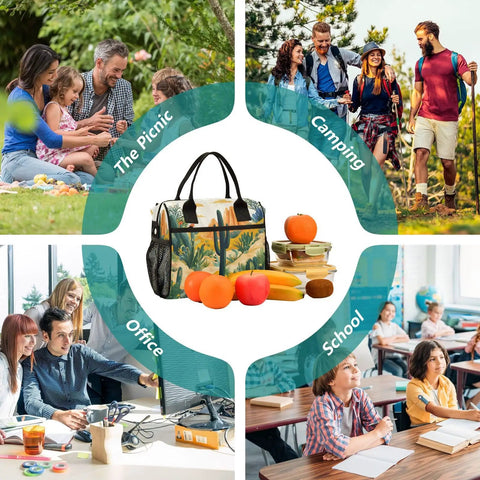 Insulated Lunch Bag With Adjustable Shoulder Strap, Tropical Summer Desert Cactus Print for Work Office Picnics Travel