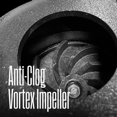 Anti-clog vortex impeller of heavy duty half HP sewage pump be the workhorse for basements submersible ejector 6,500 GPH 2-inch discharge
