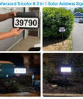 Four images of solar address sign with LED illuminated house numbers, shown indoors and outdoors with different brightness settings.