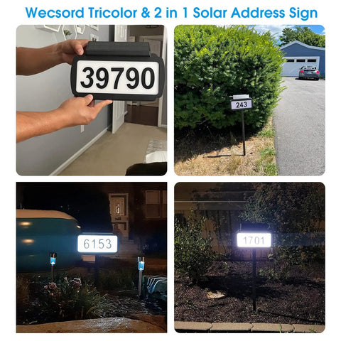 Four images of solar address sign with LED illuminated house numbers, shown indoors and outdoors with different brightness settings.