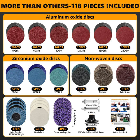 118 piece set including 2 Inch Quick Change Sanding Discs Kit With One Quarter Inch Holder For Deburring Grinding Polishing Rust Removal And Surface Prep All In One Pro Grade 116 Piece Set Featuring Aluminum Oxide Zirconia Nonwoven And Flap Discs displayed with disc counts and grit types.