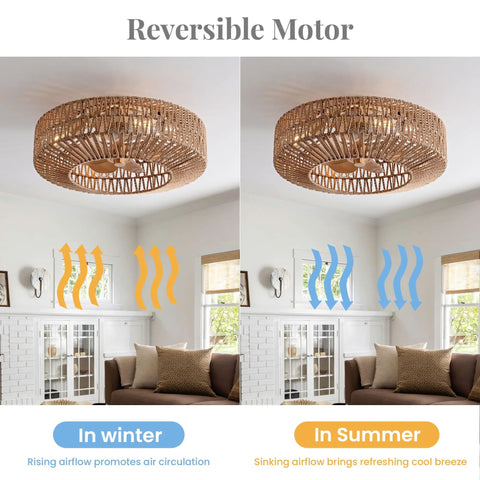 Boho Caged Fandelier With Lights Flush Mount Ceiling Fan With Remote Control Rattan Enclosed Ceiling Fan showing reversible motor function