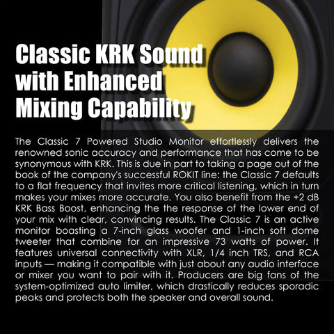 Classic 7 Inch Powered Two Way Studio Monitor With Built In Amps Pro Grade Bi Amped Design 73 Watt Output visible with text overlay.