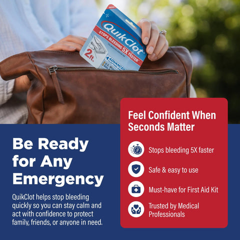 QuikClot Advanced Clotting Gauze package (blue/white) being inserted into a brown zippered first-aid bag
