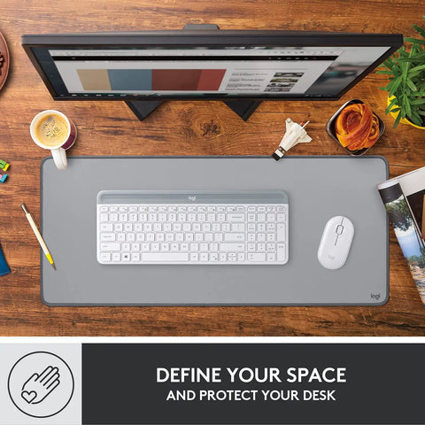 Studio Series Desk Mat Large Extended Desk Pad With Anti Slip Base Spill Resistant Durable Design Soft Cloth Surface Protects Your Desk For Home Office And Workstation Mid Gray shown with keyboard and mouse