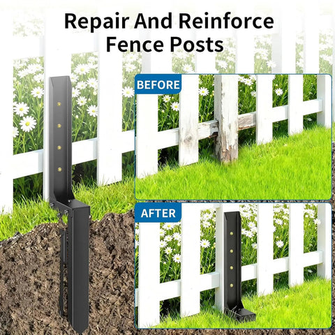 Heavy Duty Steel Fence Post Anchor Kit With 12 Ground Spikes To Fix Rotted Or Tilted Wooden Posts Fast using before and after images of reinforced fence posts