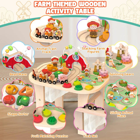 Gotta Have This Solid Wood Montessori Activity Table For One Year Olds Boasting A Cozy Farm Sensory Station with various play features.