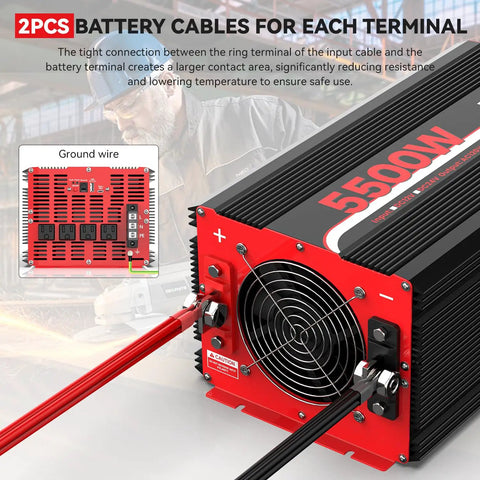 5500W Power Inverter 12V DC To 120V AC With 11000W Peak Surge showing battery connection terminals and cables for efficient power delivery.
