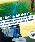 Liquid Harvest Lazer Blue 32 oz lawn marking dye sprayed onto grass by a handheld sprayer