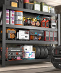Beefed Up 4 Tier Storage Shelving Black Industrial Grade Rack Cracks Under Up To 6000 Lbs Pressure storing tools and equipment in garage.